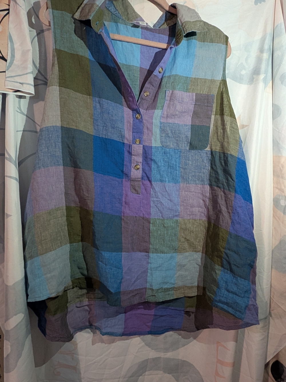Time and Tru Sleeveless Plaid Henley Tank - Blue, Green & Purple